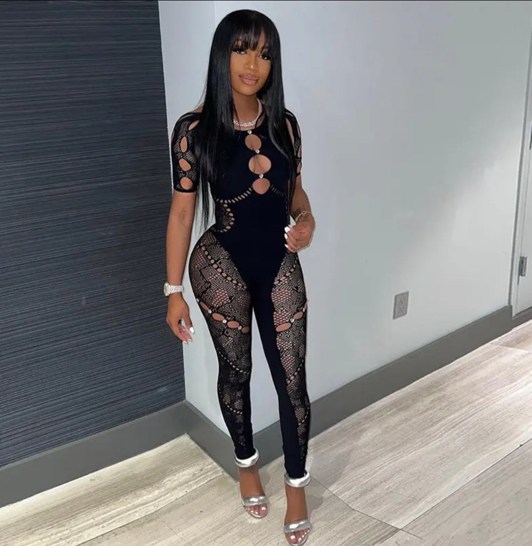 One Piece Hollow-Out Jumpsuits with Rhinestones