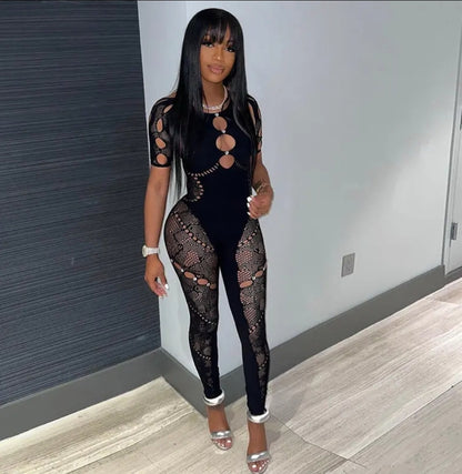 ONE PIECE HOLLOW-OUT JUMPSUITS WITH RHINESTONES