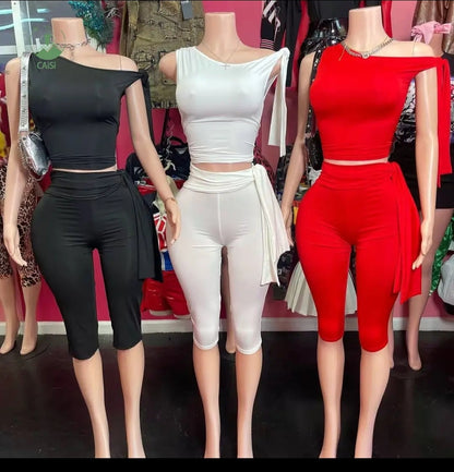 Short Sleeve One-Shoulder Capri Two Piece Sets