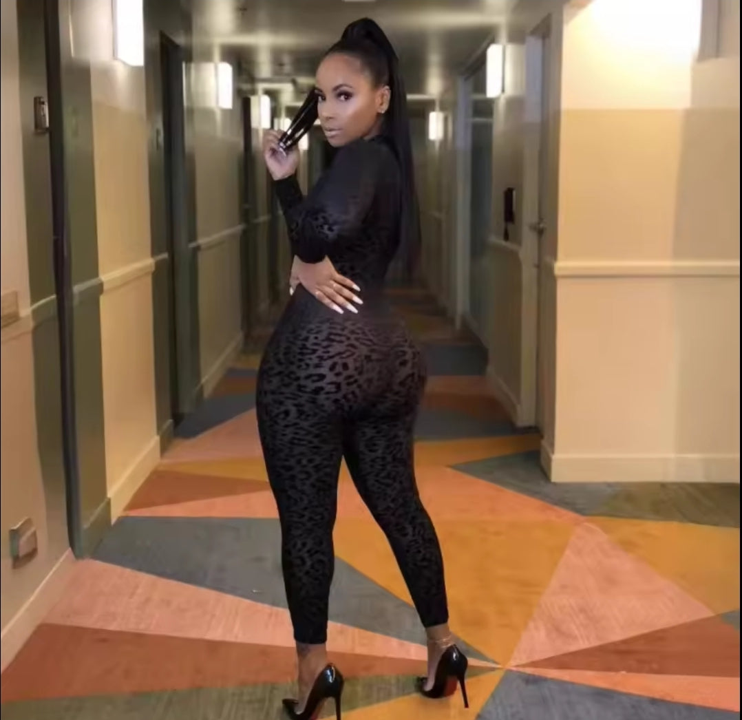 Solid Mesh See-Through Club O-Neck Jumpsuit