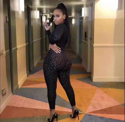 Solid Mesh See-Through Club O-Neck Jumpsuit