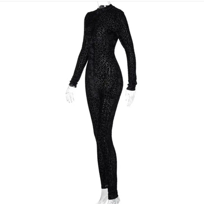 Solid Mesh See-Through Club O-Neck Jumpsuit