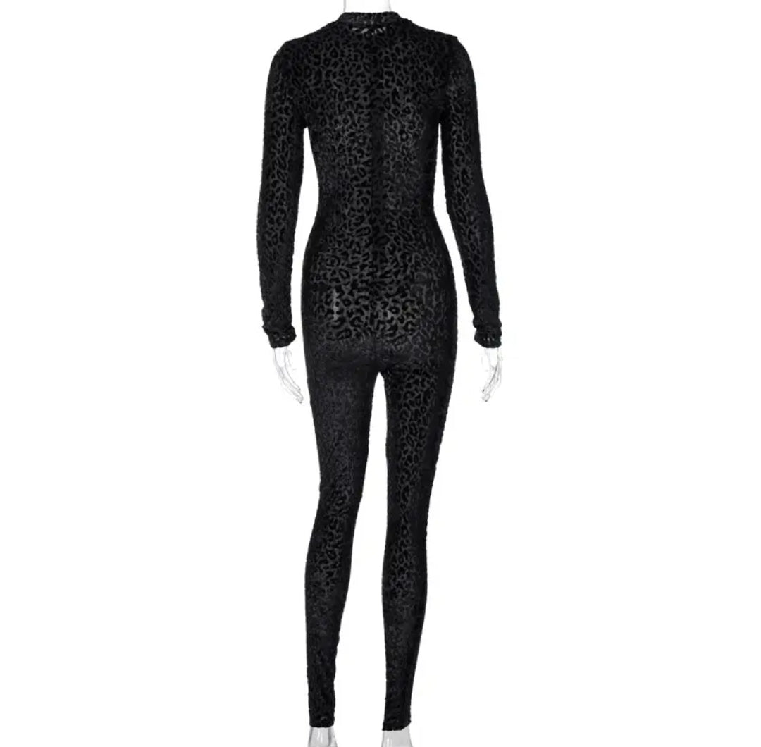 Solid Mesh See-Through Club O-Neck Jumpsuit