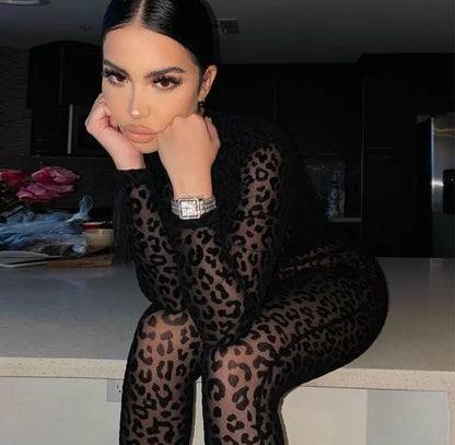 Solid Mesh See-Through Club O-Neck Jumpsuit