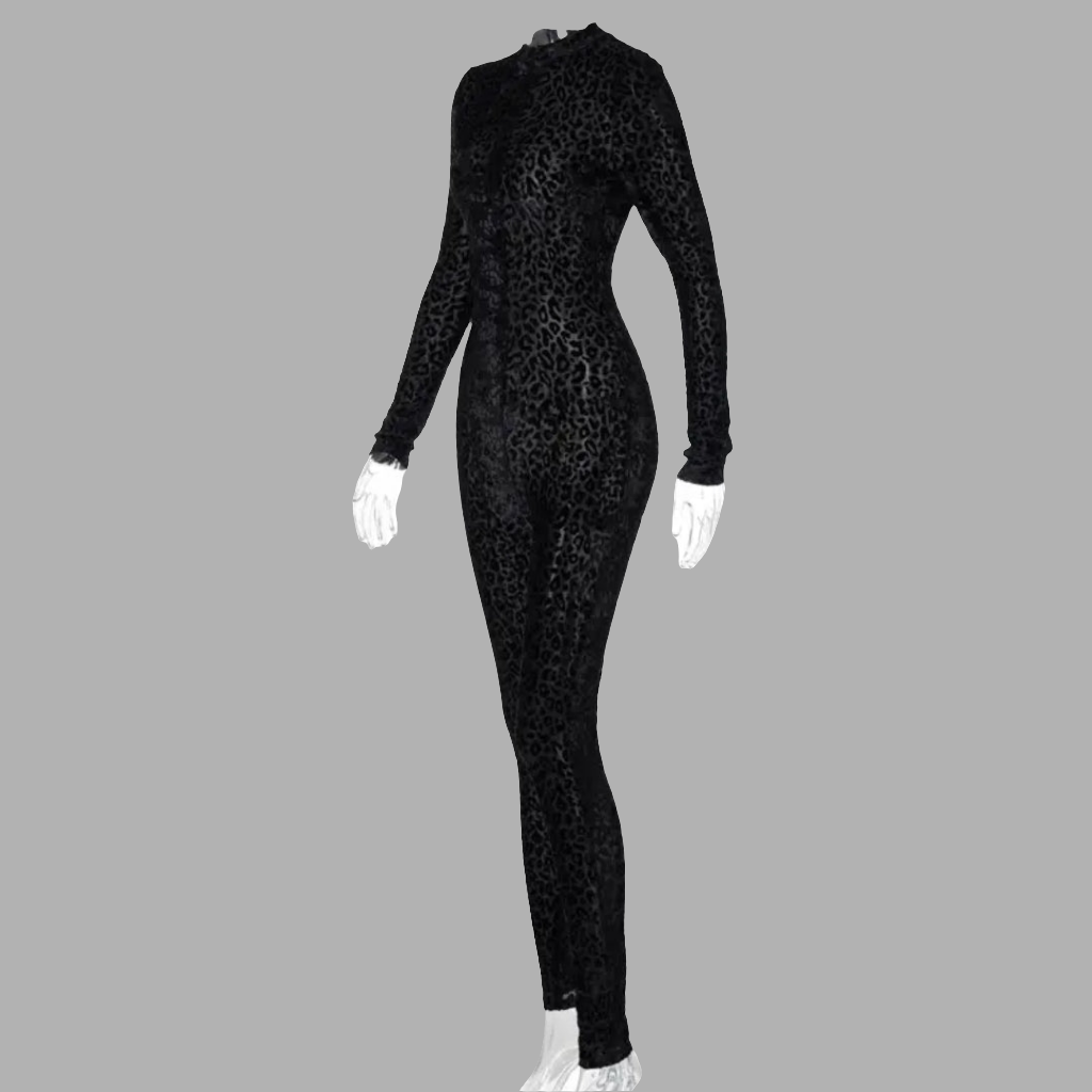 Solid Mesh See-Through Club O-Neck Jumpsuit