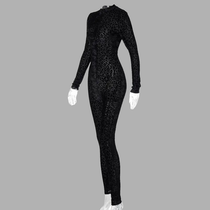 Solid Mesh See-Through Club O-Neck Jumpsuit