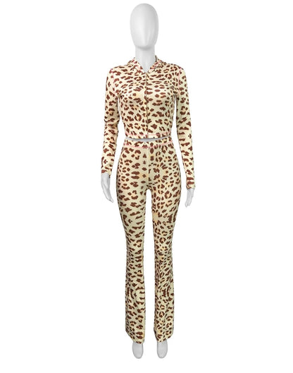 Two-Piece Leopord Print CasualL Sets With Hoodie