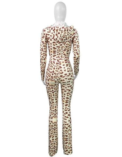 Two-Piece Leopord Print CasualL Sets With Hoodie